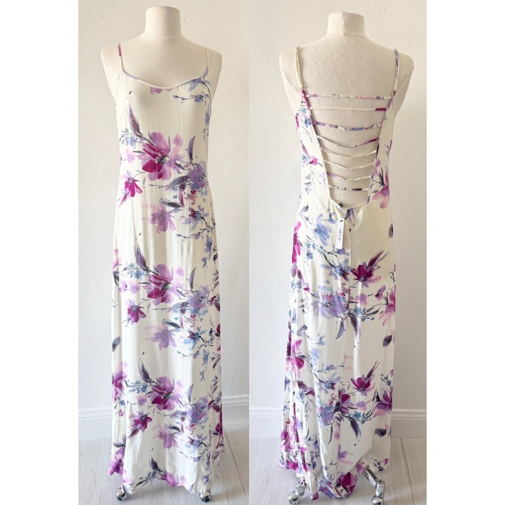 NEW Ark & Co White Floral Watercolor Strappy Back Maxi Dress Size Small (S)